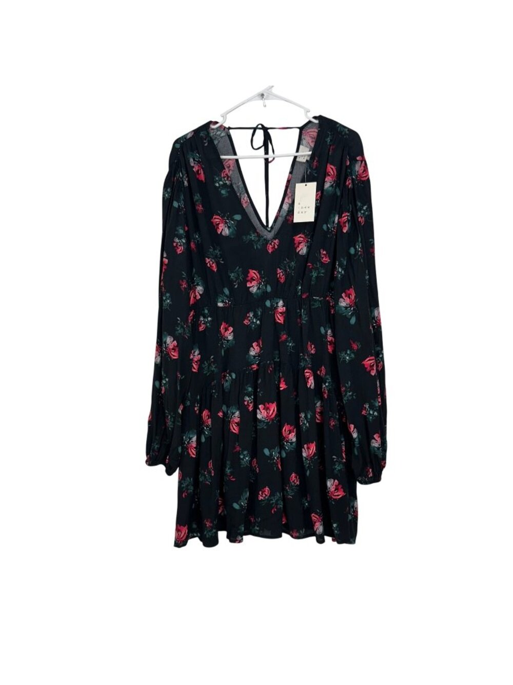 A NEW DAY Floral Long-Sleeve Mini Dress Tie-Back Neckline Elastic Waist SZ XL